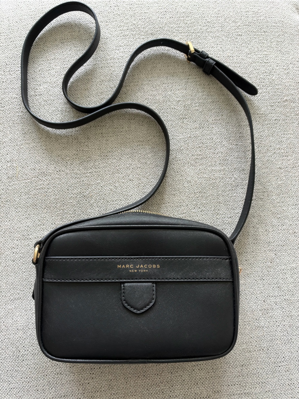 Marc Jacobs Black Leather Crossbody Camera Bag with Gold Logo